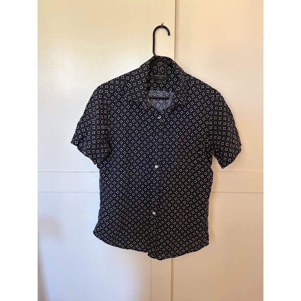 Banana Republic Black White Geometric Linen-Blend Shirt - Small
